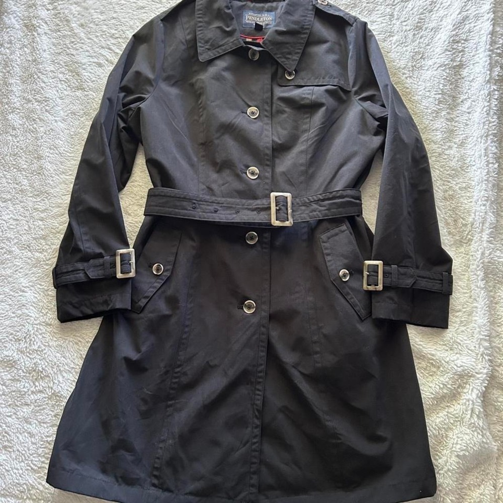 Pendelton womens black long trench coat with belt size large
